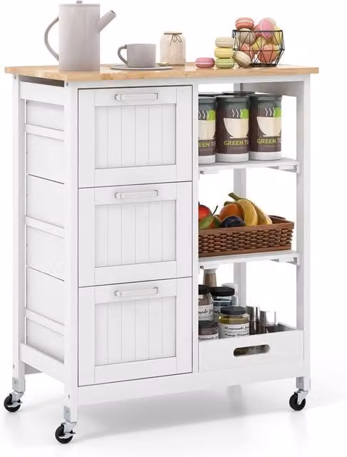 Gymax White Rolling Kitchen Island Utility Cart with Lockable Wheels and Wood Top