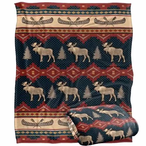 JQ Licensing Moose and Canoe Pattern Silky Touch Super Soft Fleece Throw Blanket, White and Multicolour, W: 152 cm, D: 127 cm