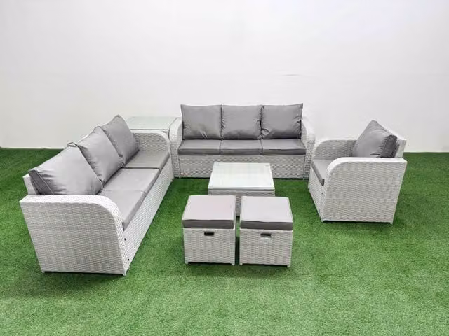 Fimous 9 Seater Poly Rattan Garden Furniture Set in Grey with Upholstered Cushions, Coffee Table, 3 Seater Sofas, Reclining Chairs and Ottomans