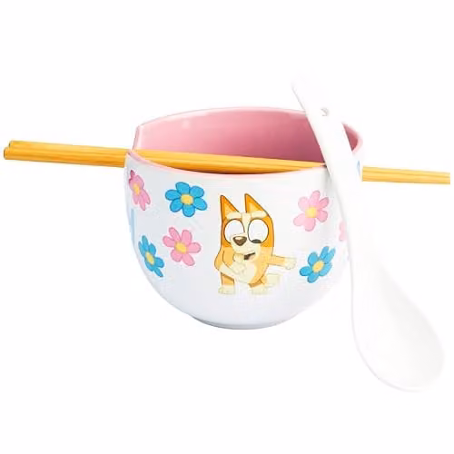 Get Trend Bluey Ramen Bowl Set, Multicolour Ceramic Japanese Rice Noodle Bowls with Ceramic Spoon and Bamboo Chopsticks, 600ml
