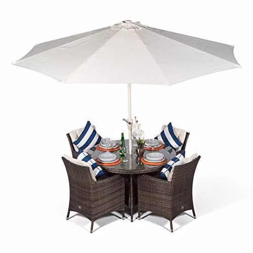 Giardino Savannah 4 Seater Rattan Garden Dining Set with Round Table, Parasol and Cover, Brown and Grey, Diameter: 120 cm