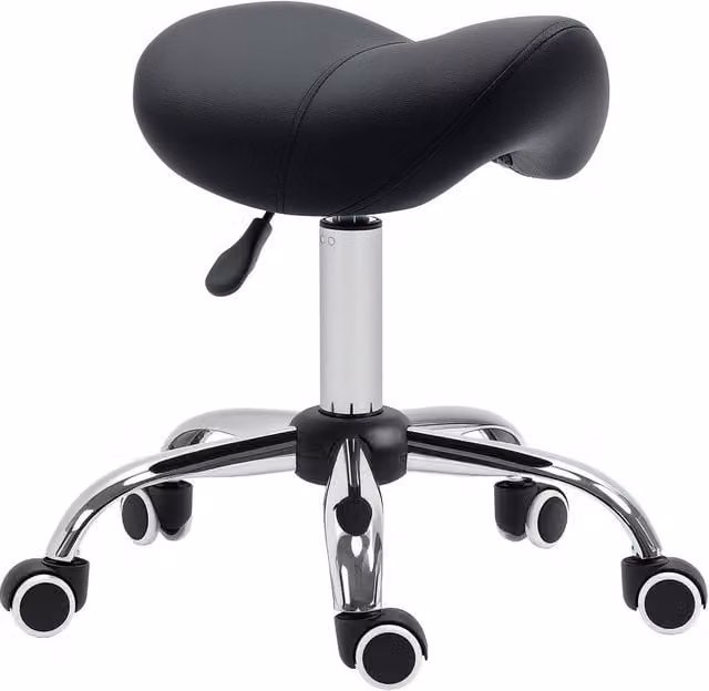 Kelvenix Black PU Leather Saddle Stool with Moulded Padded Seat and Castors, Height: 60 cm, W/D/H: 49 x 34 x 60 cm