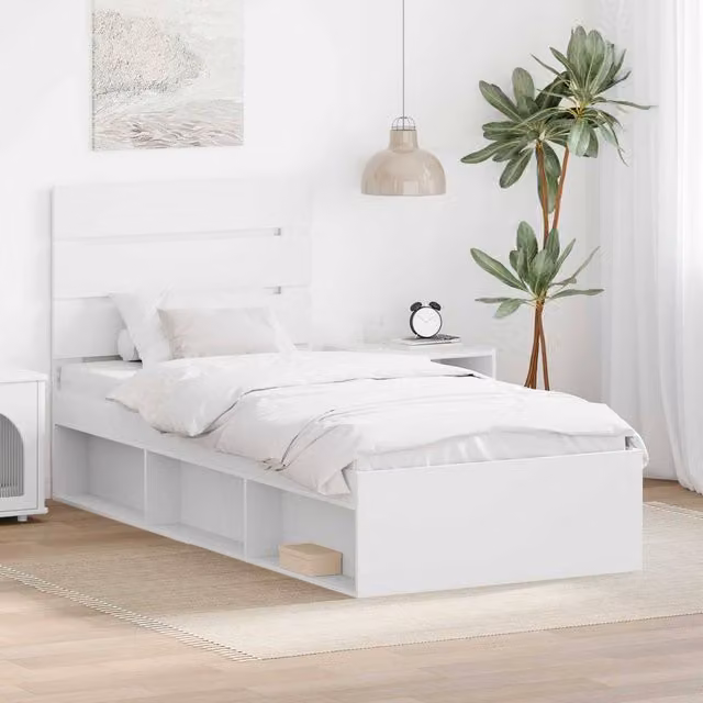 Berkfield Home Modern Bed Frame with Headboard in White Solid Pine Wood, W/D/H: 100 x 200 cm