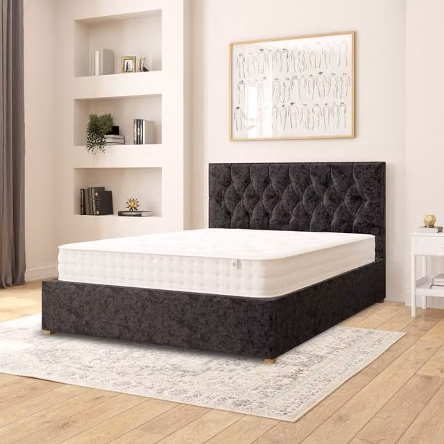 Aspire Olivier Black Velvet Fabric Ottoman Storage Bed, W/D/H: 180 x 200 cm