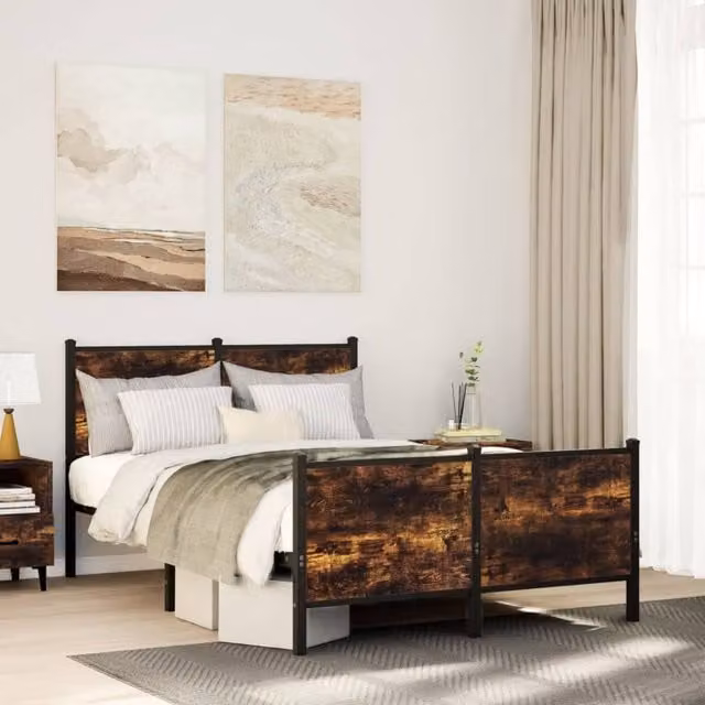 Berkfield Home Metal Bed Frame in Smoked Oak Brown, W/D/H: 120 x 200 cm