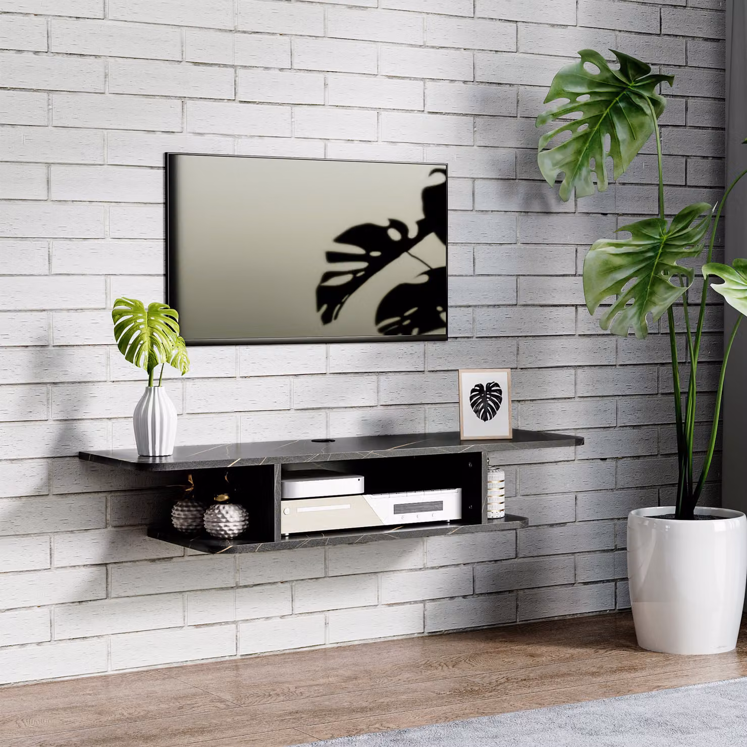 HOMCOM Black Wall Mounted Floating TV Unit Stand for TVs up to 40 inch with Media Storage Shelves – 2