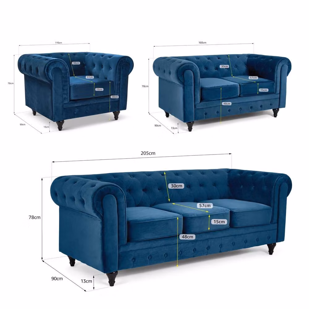 Bravich LTD Chesterfield Scroll Arm Velvet Sofa Set in Navy Blue, 2 Pack – 6