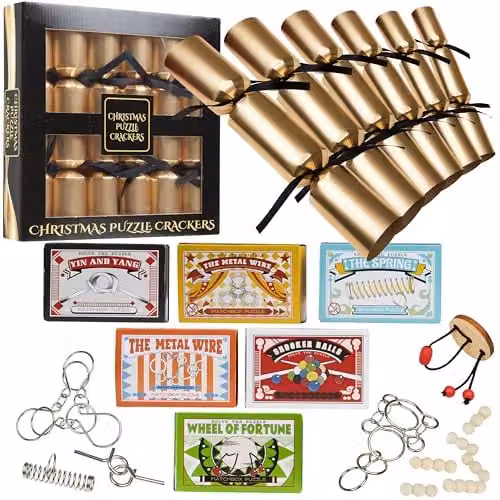 KreativeKraft Luxury Christmas Crackers, Pack of 6 Black and Multicolour Party Crackers with Jigsaw Puzzles