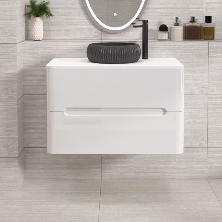 Royal Bathrooms Venice 800mm Gloss White Wall Hung 2 Drawer Vanity Unit with Plain White Worktop and Milan Black Basin