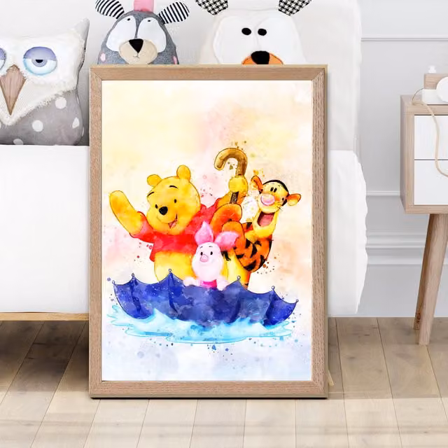 ARTZE Winnie the Pooh and Friends Watercolour Art Print with Oak Frame, Multicolour