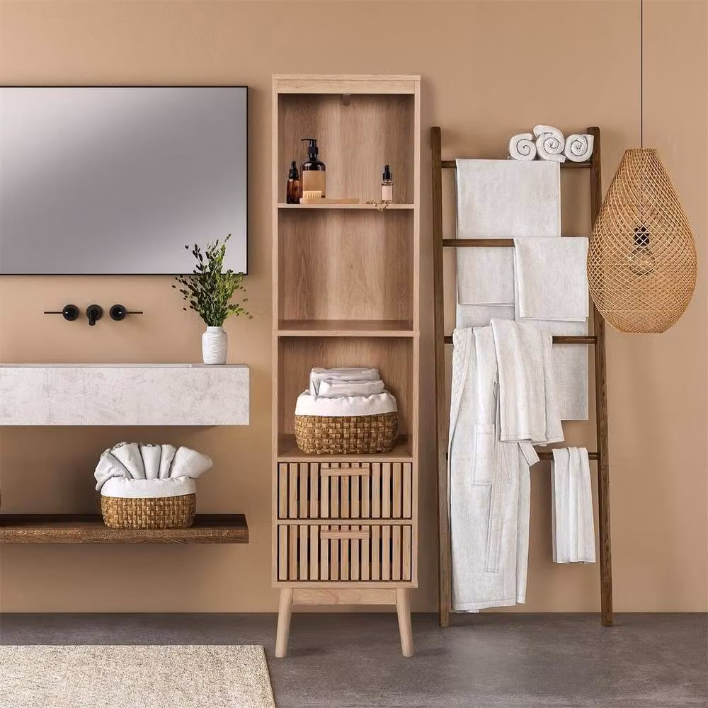 CALICOSY Klaus 2-Drawer Column with Grooved Fronts and 3 Niches, Light Brown, H 160 x W 40 x D 30 cm – 2