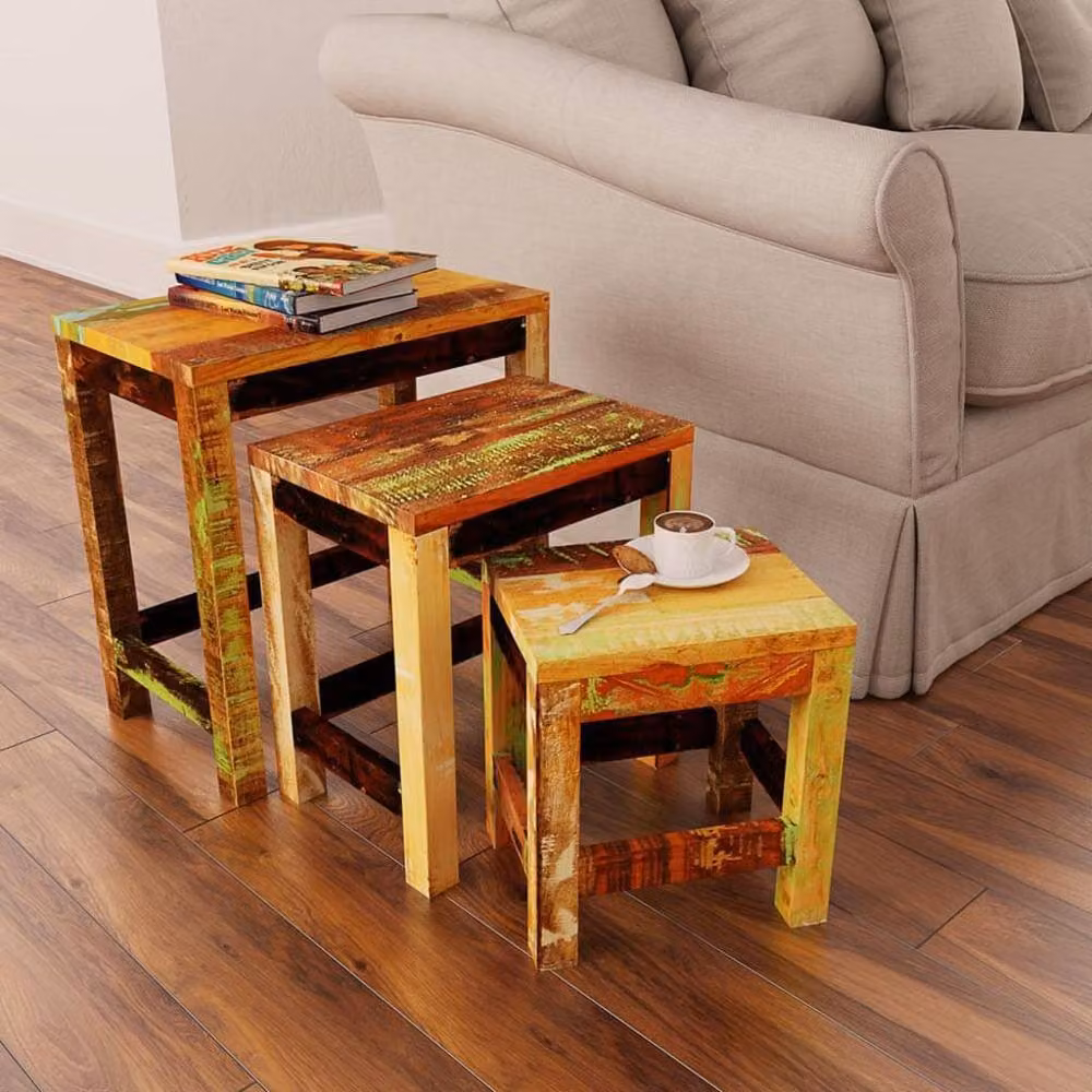 Berkfield Home 3 Piece Nesting Table Set in Vintage Brown Waxed Reclaimed Wood – 2