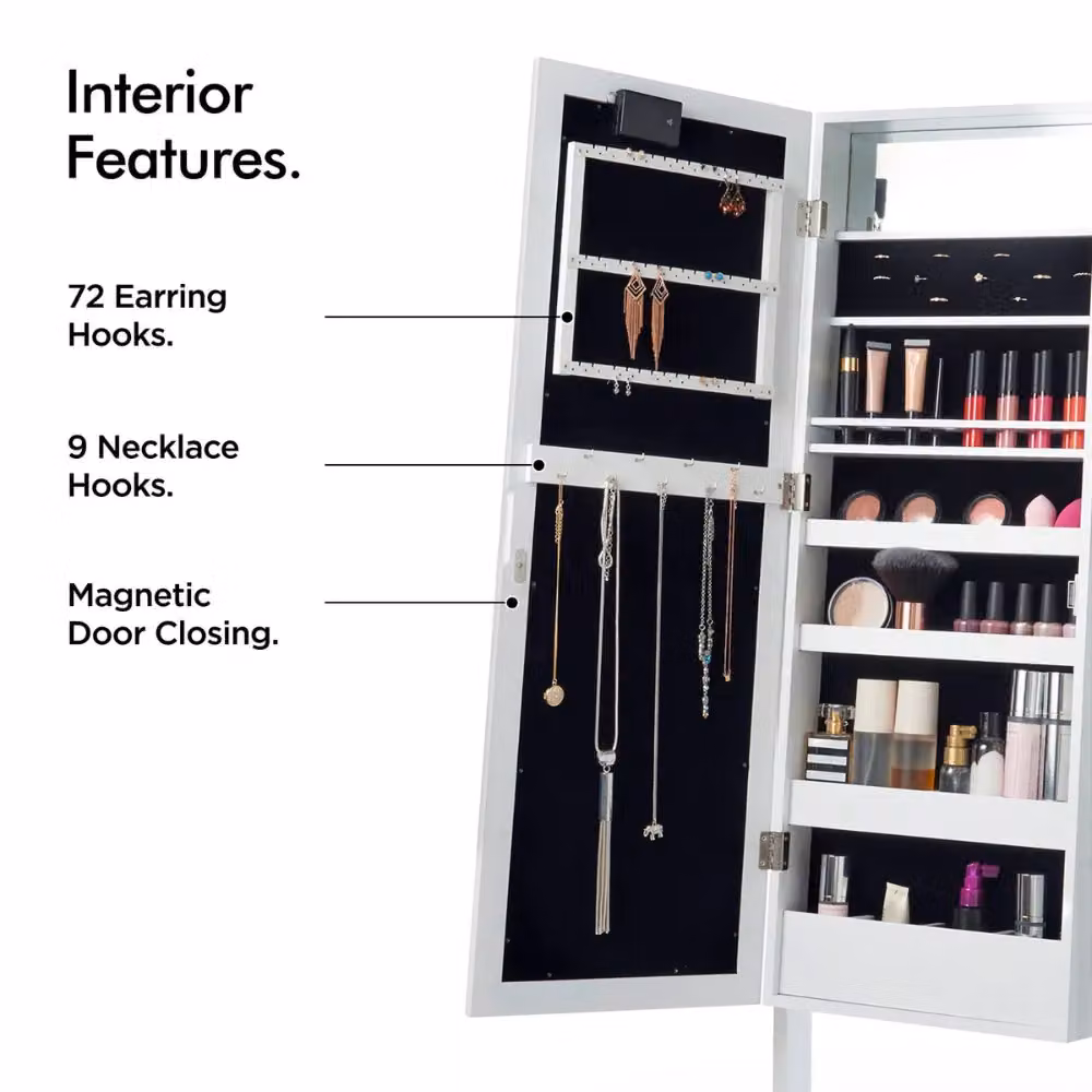 Beautify White Free Standing LED Jewellery Cabinet Armoire with Internal Shelves and Mirror H: 145.0 cm, W: 51.0 cm, D: 36.5 cm – 3