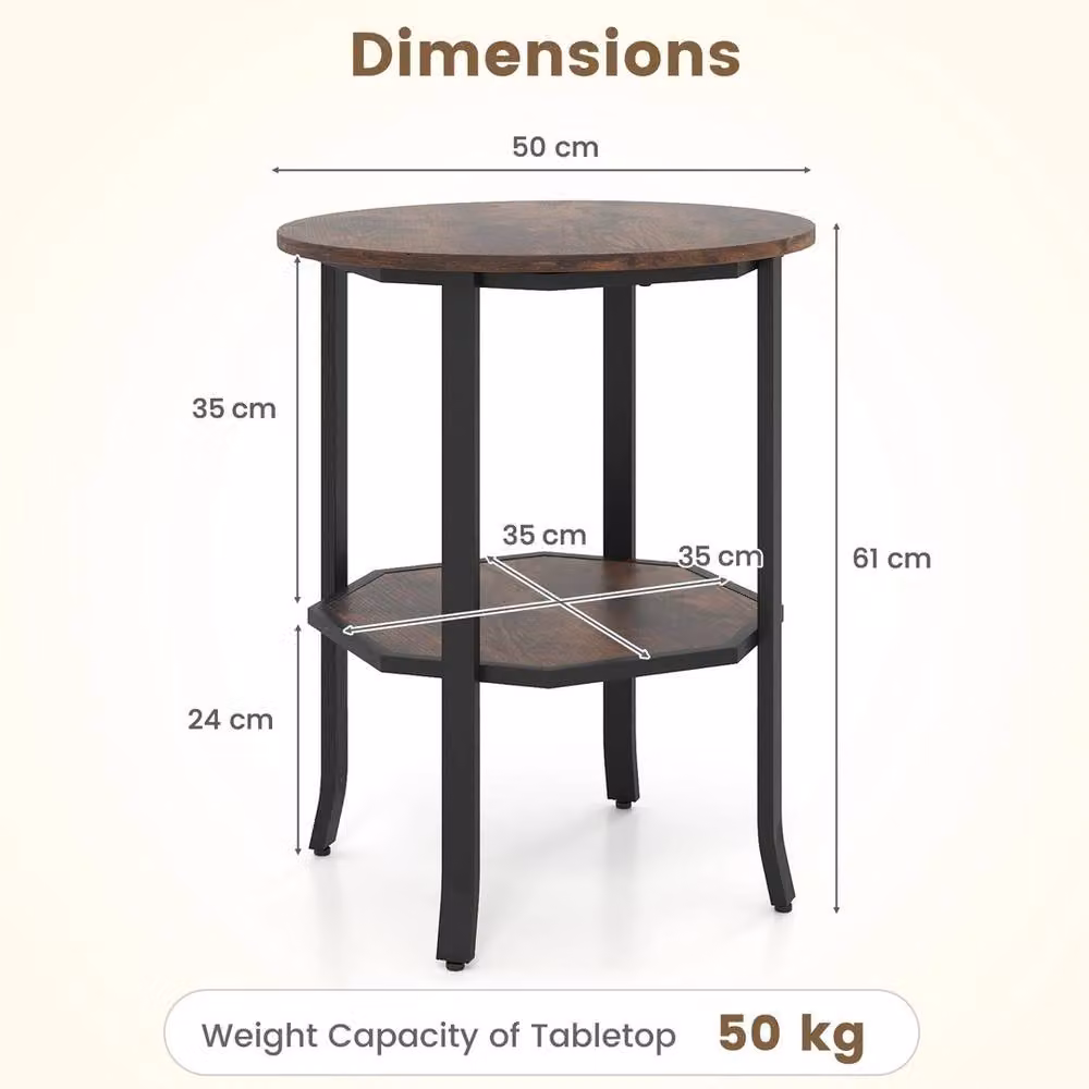 FORGEVIO Round 2-Tier Industrial Side Table with Storage Shelf, Brown – 2