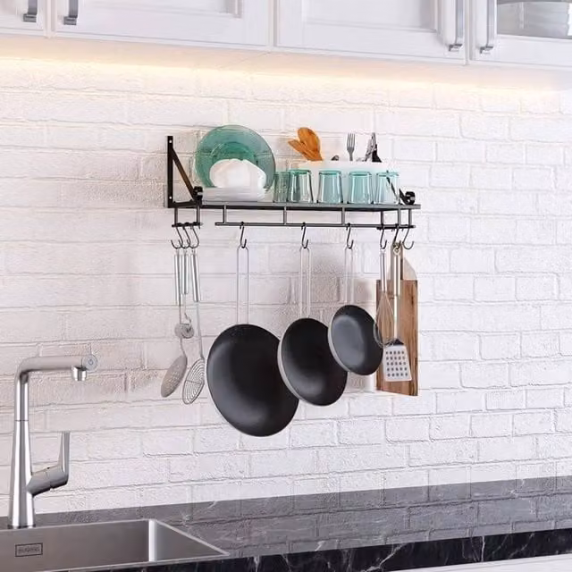 EONLION Black Metal Wall Mounted Pot Pan Rack and Kitchen Storage Shelf