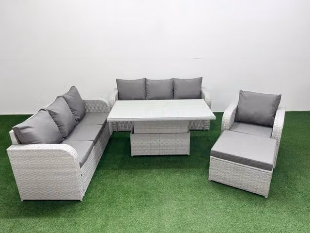Fimous 8 Seater Poly Rattan Garden Furniture Set in Grey with Adjustable Lifting Table, 3 Seater Sofa, and 3 Reclining Chairs