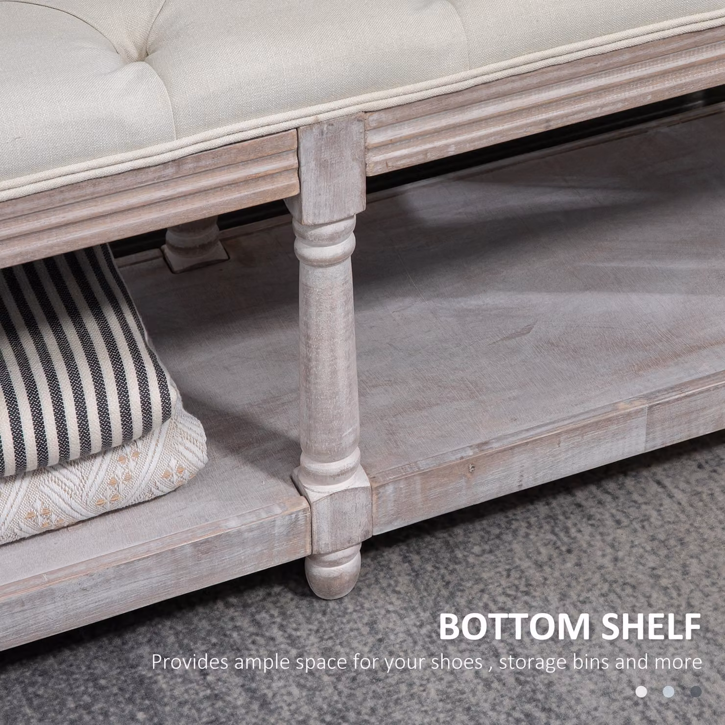 HOMCOM 2-Tier Vintage Bed End Bench with Storage Shelf and Button Tufted Upholstered Footstool, Cream White, W: 120 cm, D: 40 cm, H: 48 cm – 6