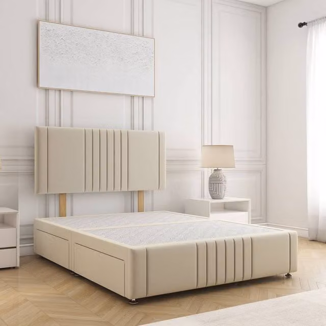 BSSPOKE Hazel Single Divan Bed with Plush Velvet Headboard and 2 Drawers on Same Side in Cream