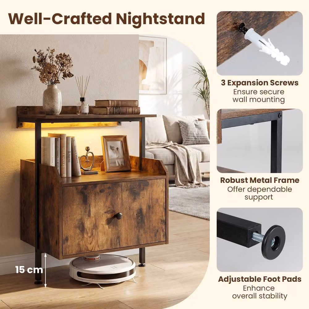 Gymax Industrial Bedside Nightstand with Integrated Lighting and Charging Station, Brown – 6