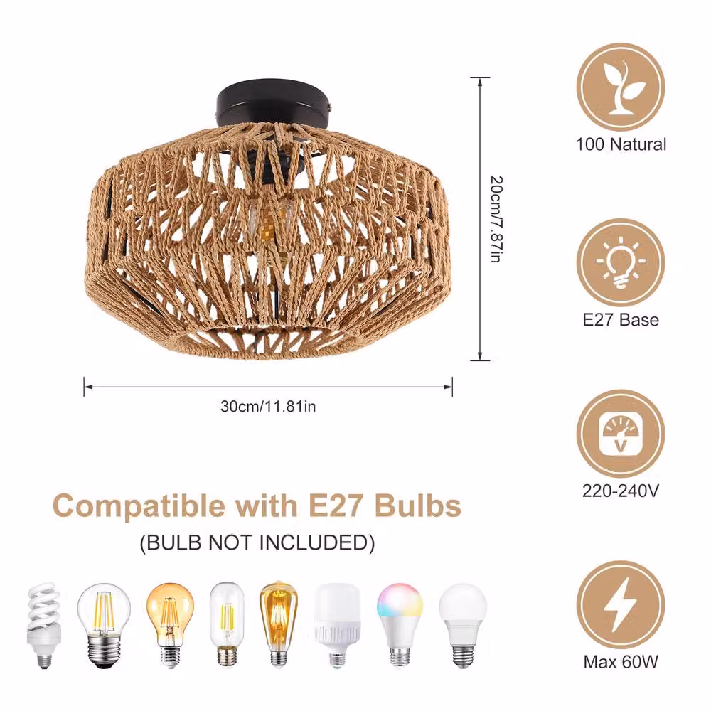 Pheashine Black and Brown Bamboo Woven Round Ceiling Lamp, Diameter: 30 cm, E27 – 2