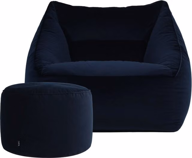 ICON Natalia Velvet Armchair Bean Bag with Pouffe in Midnight Blue