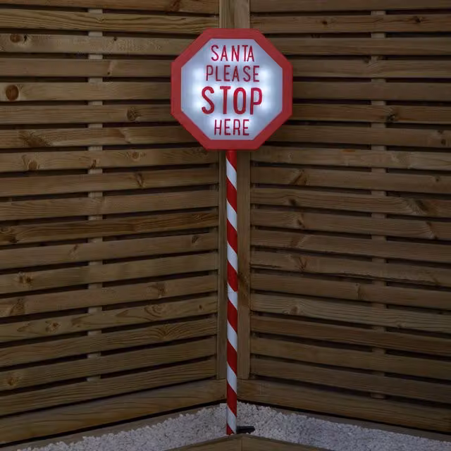 Samuel Alexander Battery Operated LED Santa Stop Here Christmas Sign in Red and White, Height: 110 cm