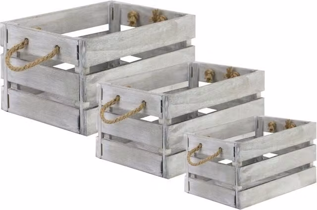 Maison & White Set of 3 Grey Slatted Wooden Storage Crates with Handles