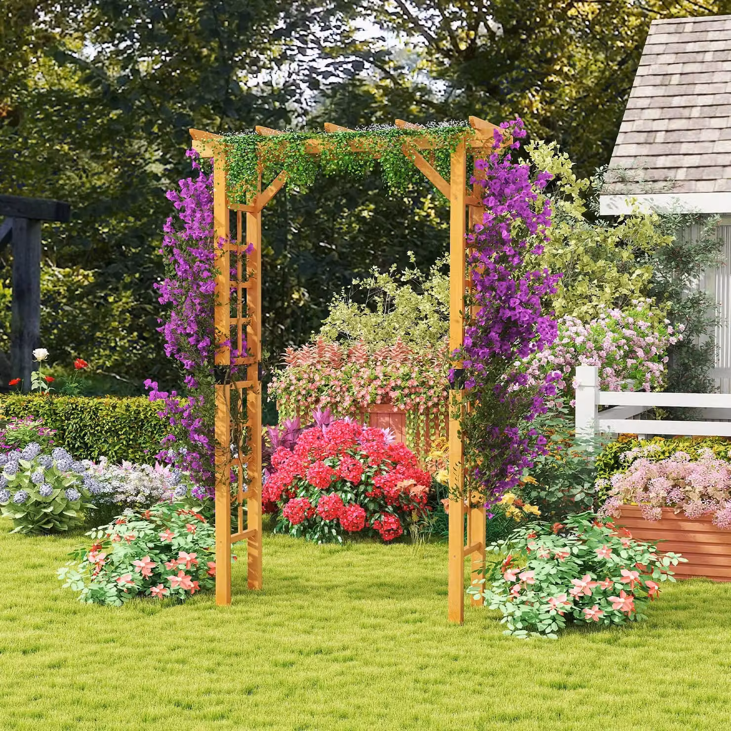 Costway Wooden Garden Arch Arbor and Outdoor Trellis in Yellow, H 215 x W 60 x D 60 cm – 5