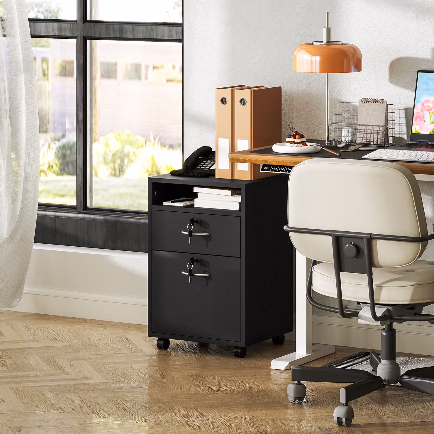 HOMCOM Black Mobile Storage Cabinet with Drawer, Open Shelf and 4 Wheels, 60 cm Wide – 7