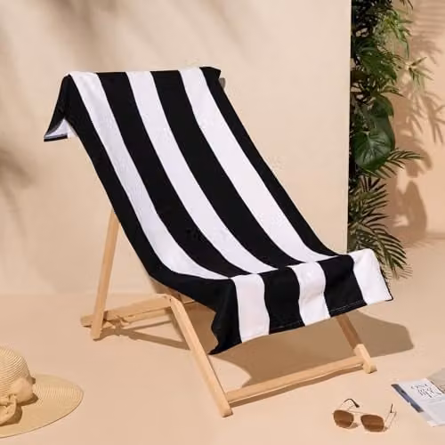 OHS Black and White Striped Microfibre Quick Dry Beach Towel, W/D/H: 71 x 152 cm – 1