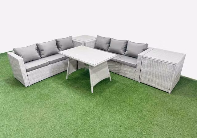 Fimous 6-Seater Patio Set with Rectangular Table, 3-Seater Sofa and 2 Side Tables in Light Grey