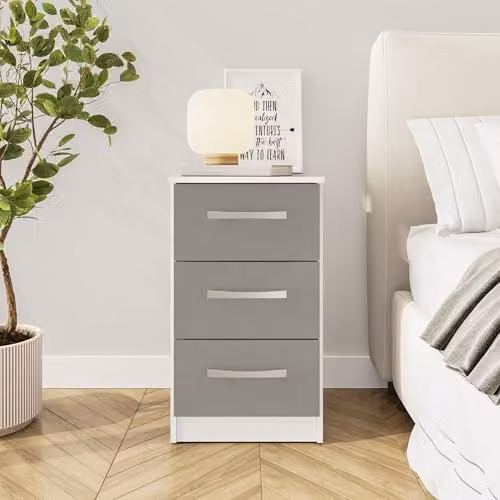 Birlea Lynx 3 Drawer Bedside Table in White, Grey and Silver High Gloss – 2