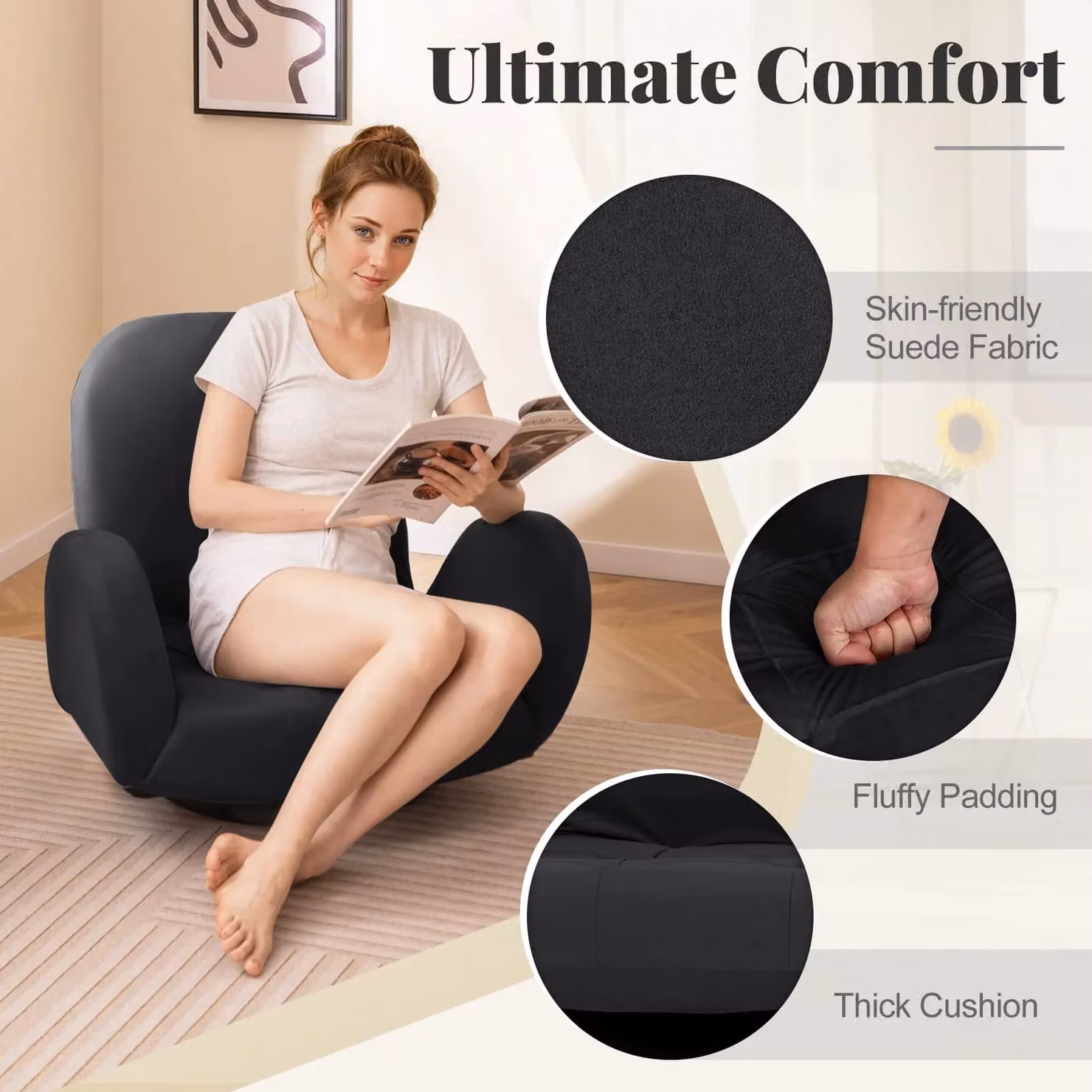 Gymax Black Swivel Floor Gaming Chair with Adjustable Backrest and Armrests – 5