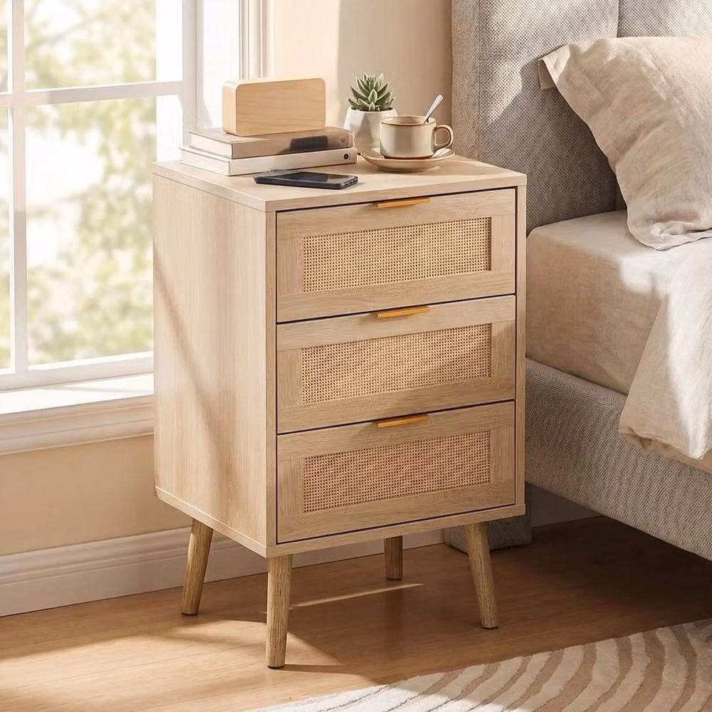 KORVIXA Rattan 3 Drawer Bedside Table and Wooden Storage Cabinet in Brown and Beige, W/D/H: 100 x 100 x 100 cm – 3
