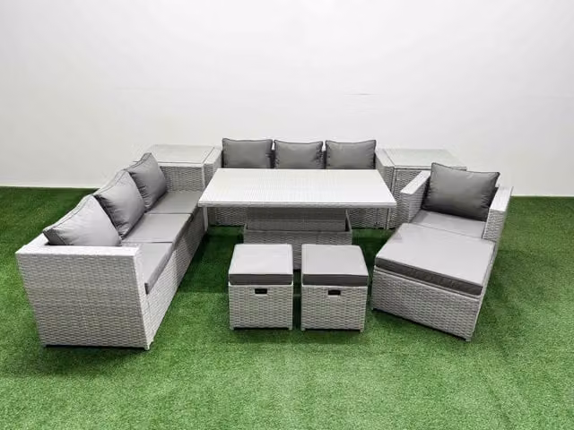 Fimous 8 Piece Rattan Dining Table Set with 3 Seater Sofa in Light Grey