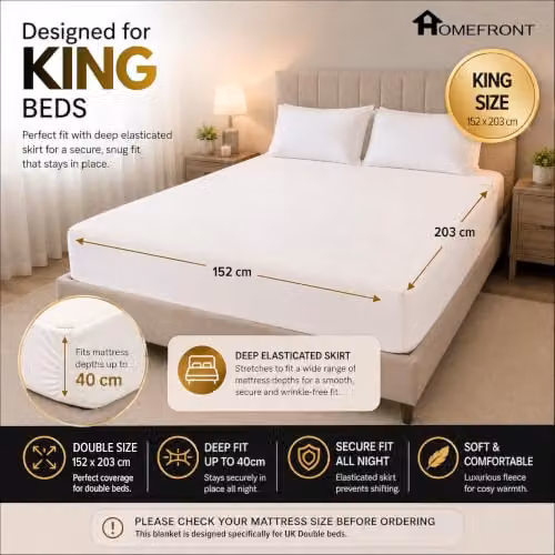 Homefront King Size Dual Control Electric Blanket, White Premium Fitted Heated Mattress Cover and Underblanket with Elasticated Skirt, W/D/H: 203 x 152 x 40 cm – 2