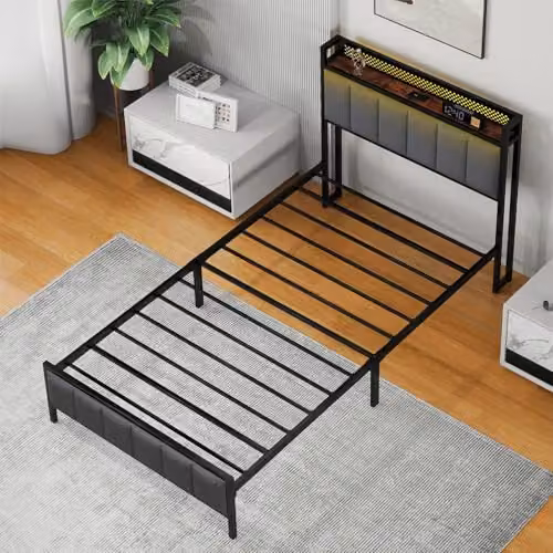 Levede Grey Upholstered Single Bed Frame with USB Charging Port, Bedside Shelf and Side Compartments, W/D/H: 90 x 190 x 86 cm – 9