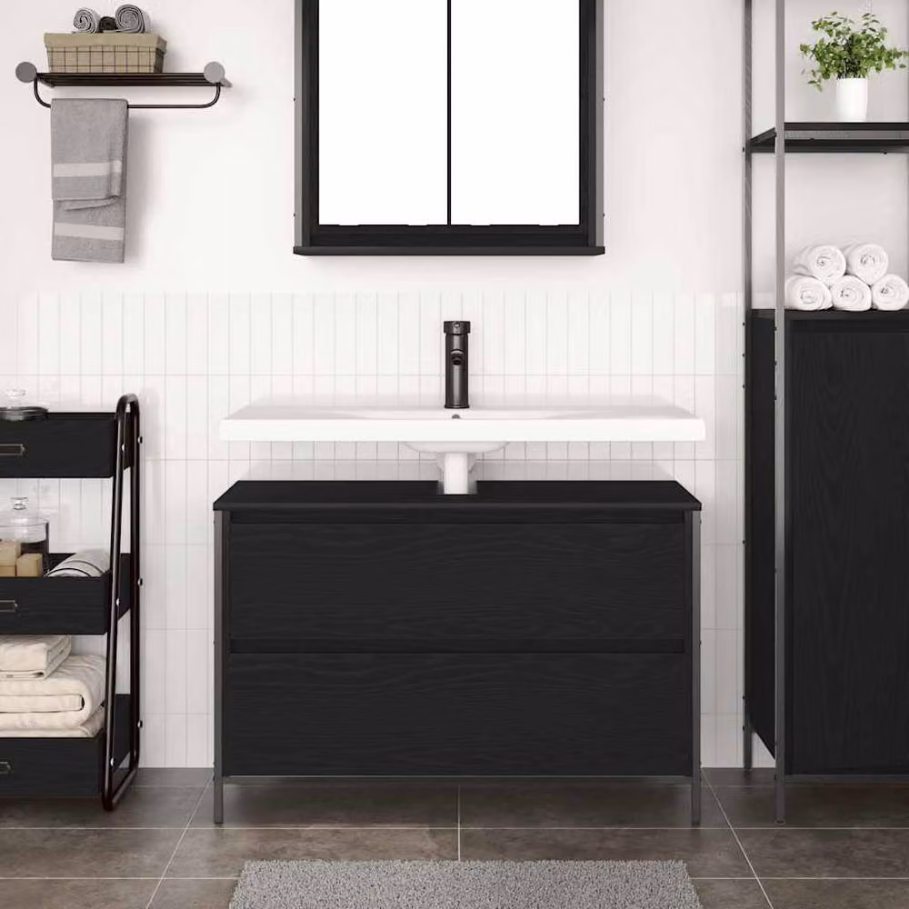 Berkfield Home Black Oak Bathroom Basin Cabinet with Drawers W: 90 cm, D: 34.5 cm, H: 60 cm – 2