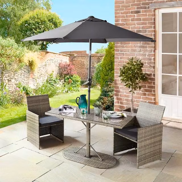 Coopers of Stortford Grey Multicolour Weatherproof PE Rattan Bistro Set with Glass Table, Chairs and Parasol