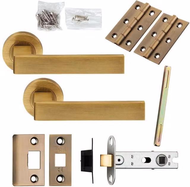Loops Antique Brass Square Lever Door Handle and Latch Pack with Screwless Round Rose