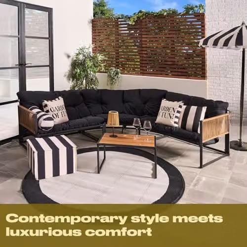 OHS Santorini 5 Seater L-Shape Corner Sofa and Coffee Table Set in Black with Upholstered Cushions – 2