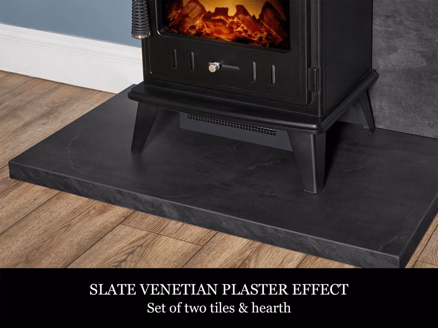 Acantha Fires & Fireplaces Tile and Hearth Set in Black Slate Venetian Plaster Effect with Aviemore Stove and Angled Pipe – 3