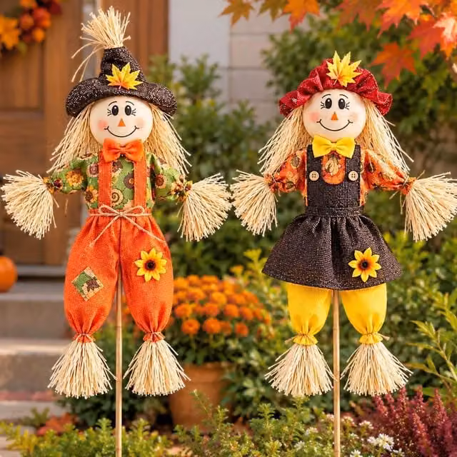Marco Paul Set of 2 Rustic Multicolour Scarecrow Halloween Decorations, Height: 90 cm
