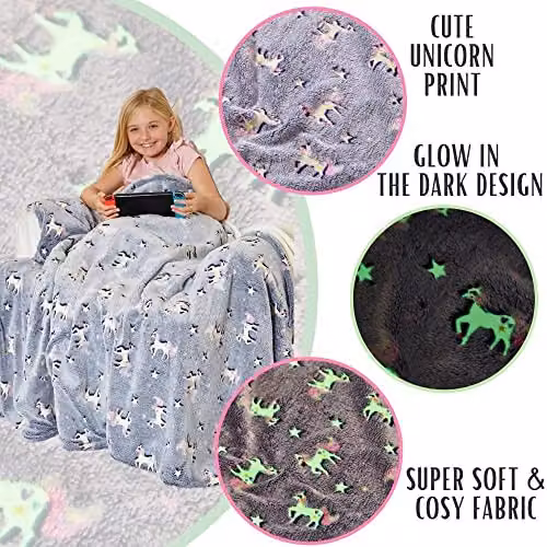 Just Essentials Glow In The Dark Unicorn Reversible Fleece Blanket, Purple and White, W/D/H: 125 x 170 cm – 3