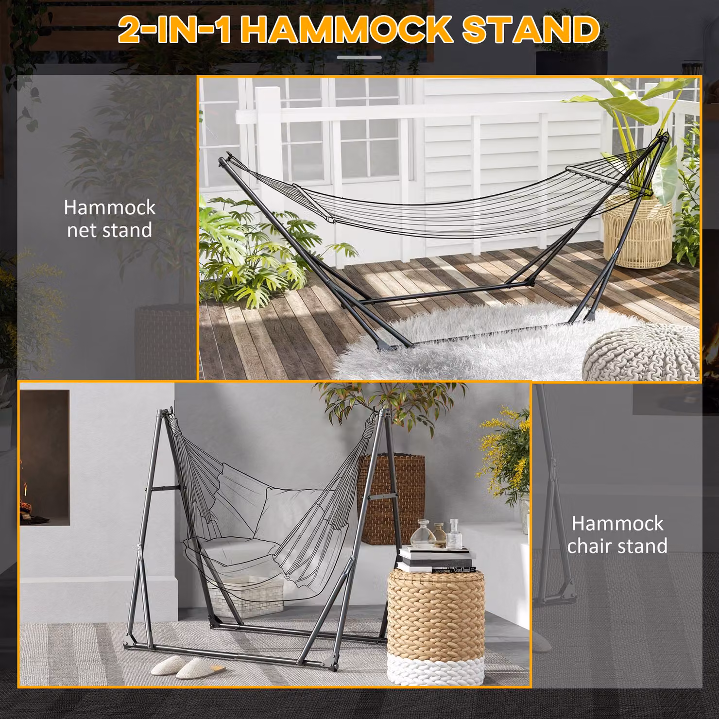 Outsunny Foldable 2-in-1 Hammock and Chair Stand with Black Metal Frame, 120kg Load Capacity – 3