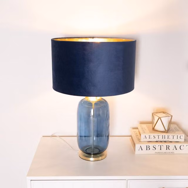 ValueLights Leigh Navy and Gold Glass Table Lamp with Navy Velvet Inner Shade and Bulb