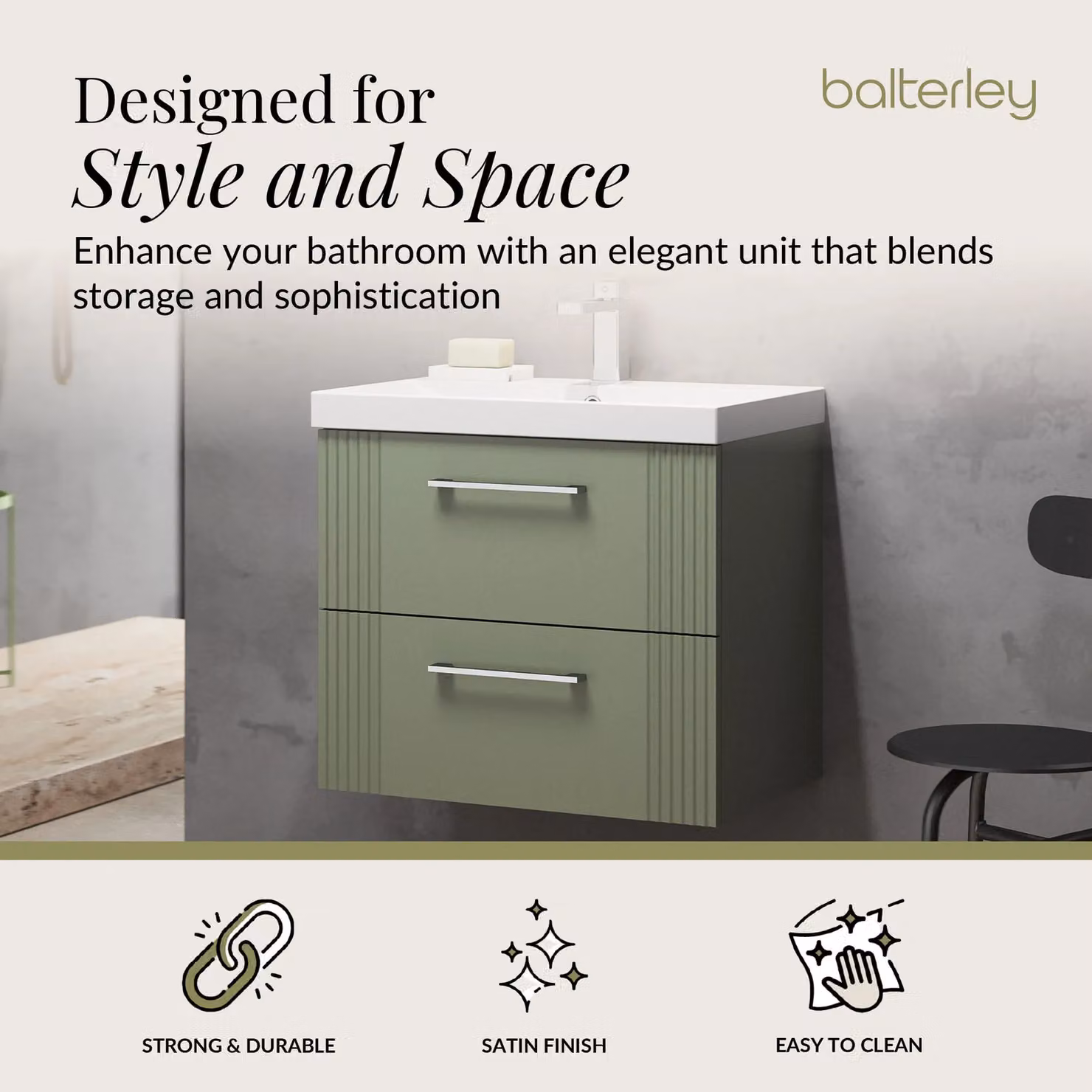 Balterley Wall Hung 2 Drawer Vanity Unit with Thin-Edge Basin, Satin Green, W: 60 cm, D: 55 cm, H: 60 cm – 2