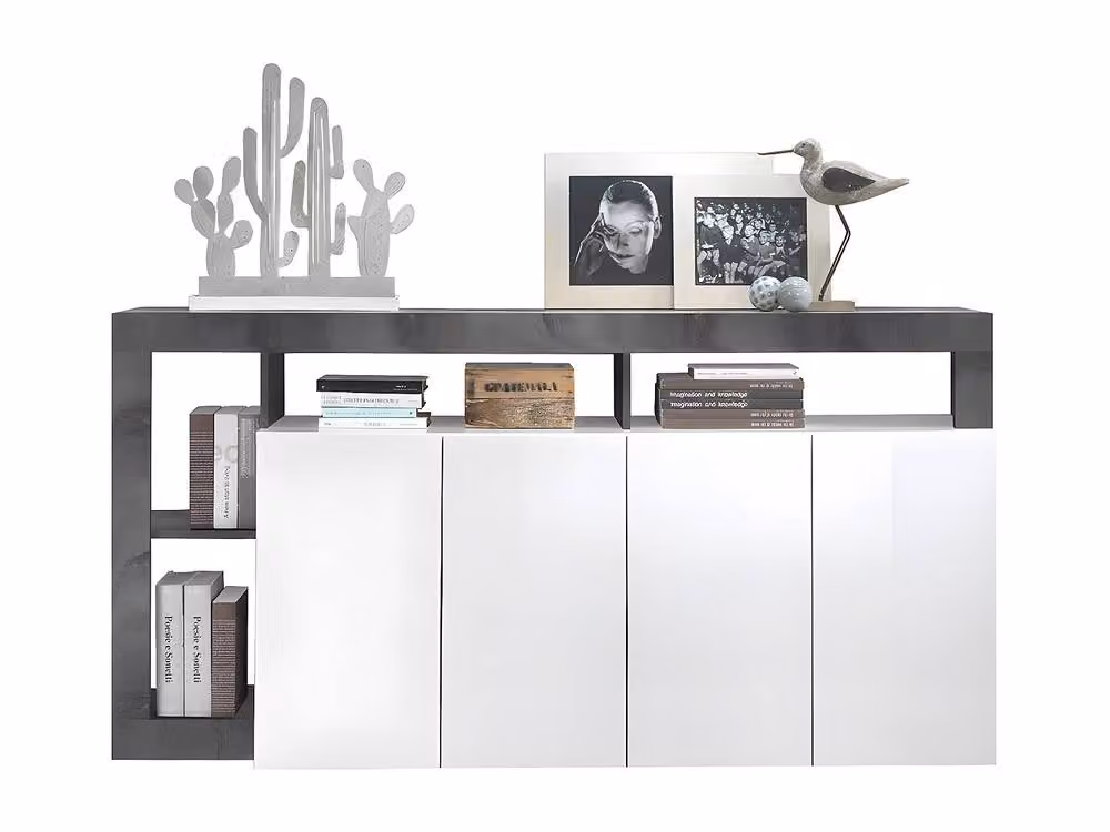 Vente-unique Modern 4-Door and 4-Compartment Buffet in Glossy White and Grey Concrete, W/D/H: 184 x 42 x 93 cm – 2
