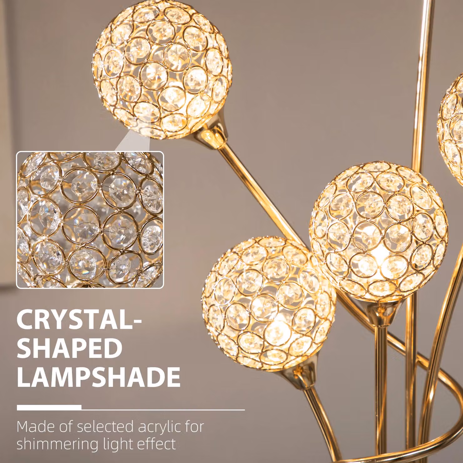 HOMCOM Modern 5-Light Floor Lamp with Crystal Shades in Gold/Brass – 3