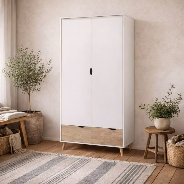 Wyld Haus Skerries 2 Door Wardrobe in Matt White with Oak Drawer Fronts, H 190 x W 58 x D 74.5 cm – 1